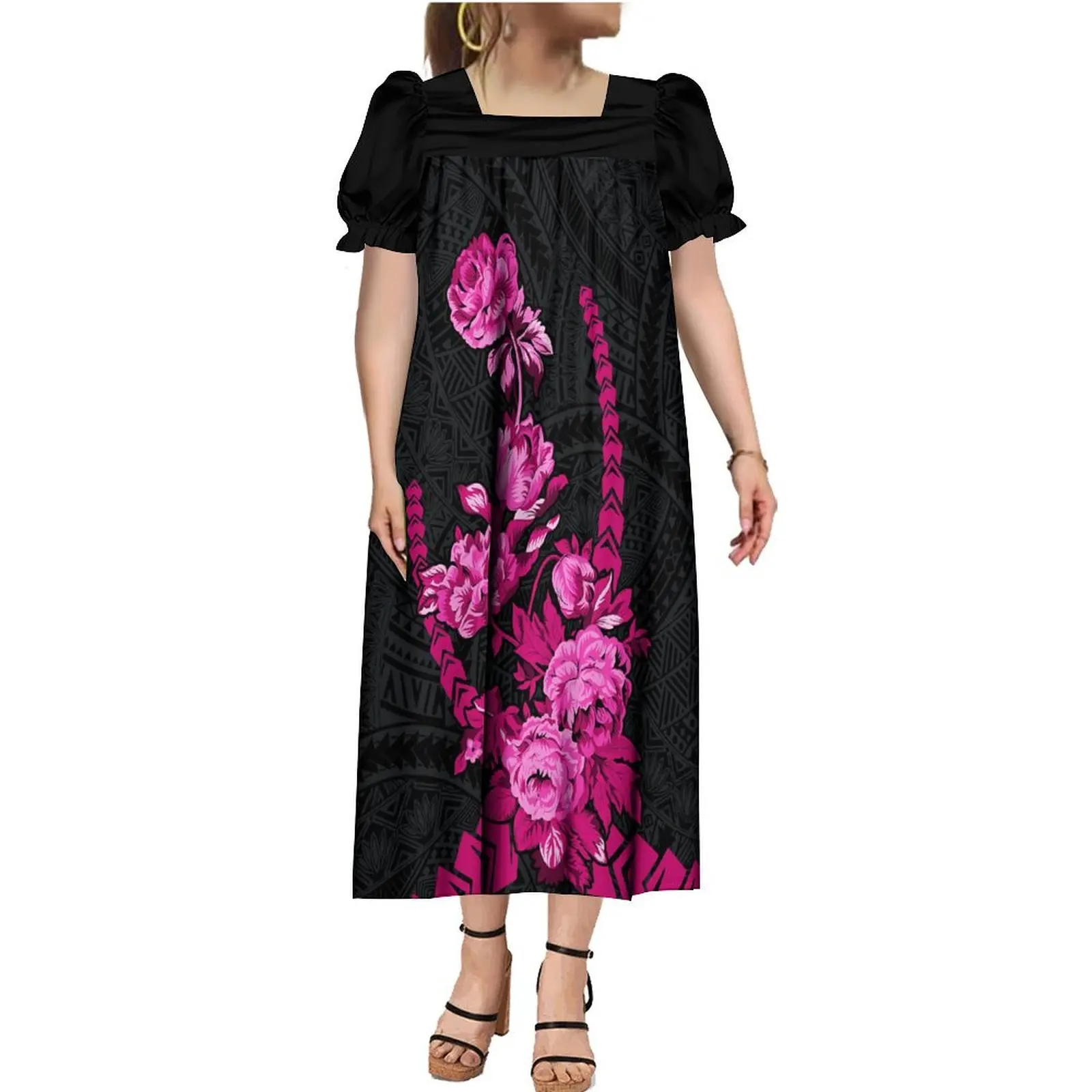 Custom Tapa Polynesian Design Micronesia Mumu Muumuu Vintage Square Neck Puffy Dress Plus Size Women'S Puffed Sleeve Dress