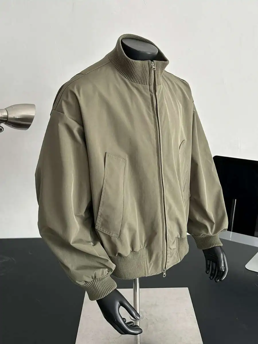 

Retro American Sle Pilot Jaet ort Baseball irt Stand Collar Men's Outerwear Spring Faion Trend Loose Fit Knitted Bo...