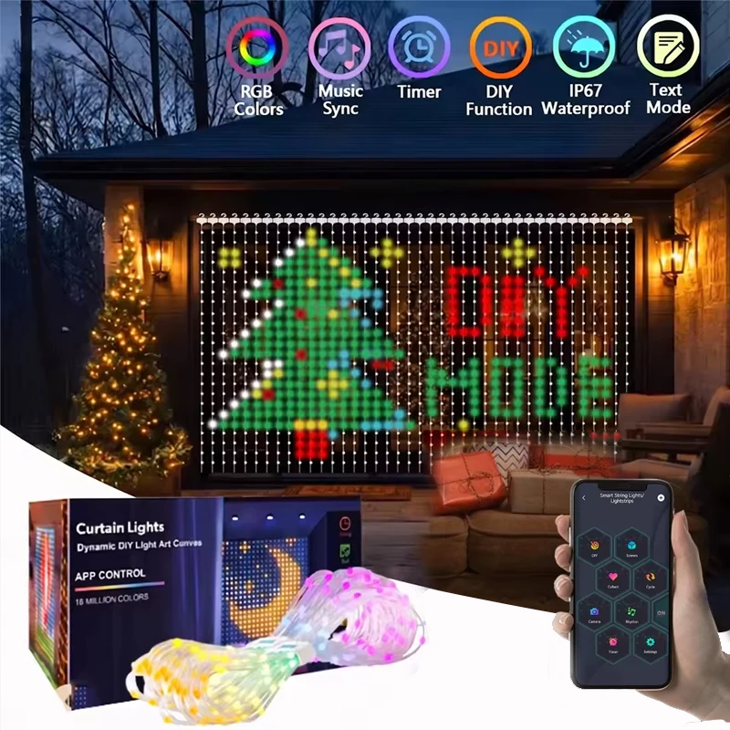 DIY Music Sync Fairy Light Smart Curtain Lights RGB App Control LED String USB Plug Text Pattern for Party Room Decoratons