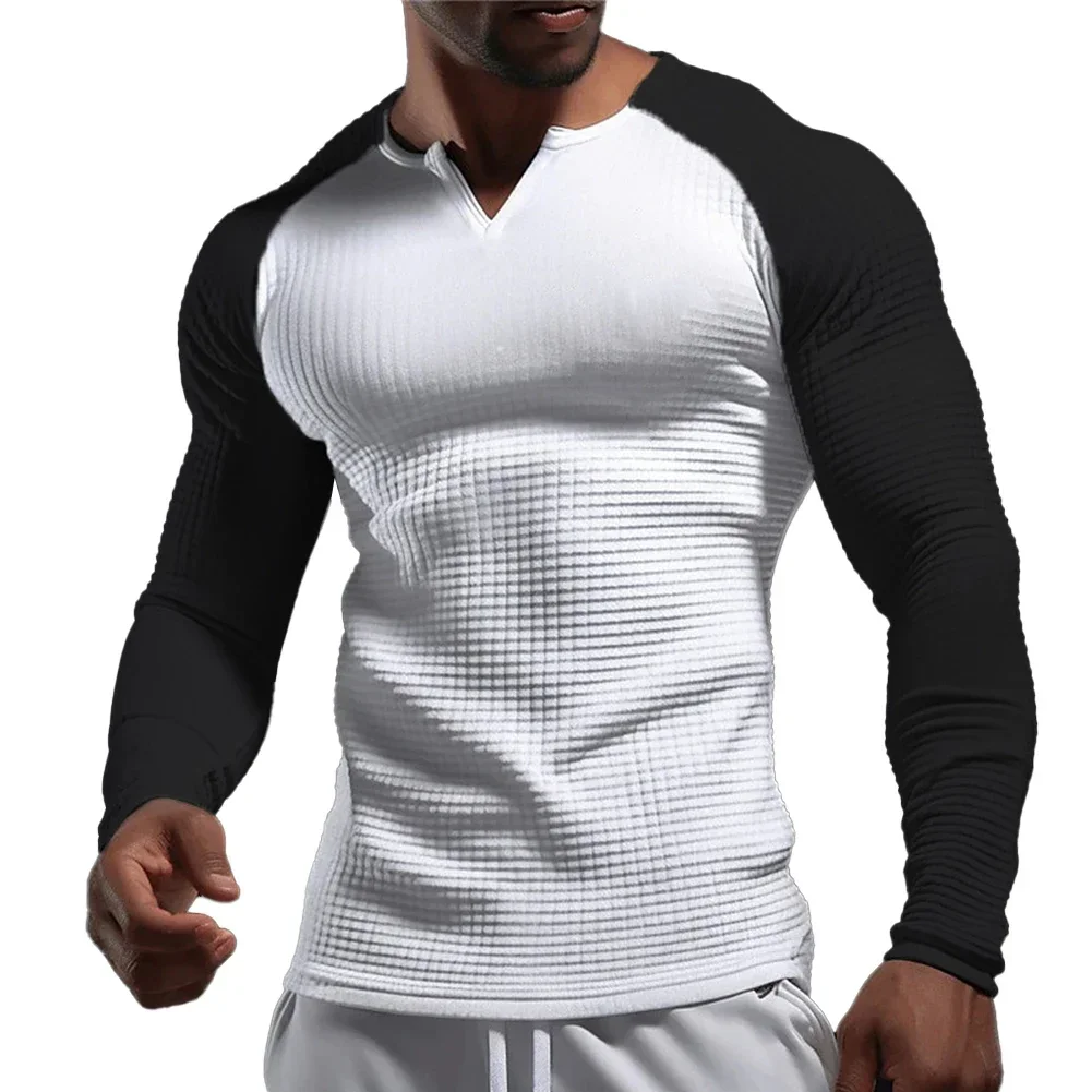 Top informal de gofres acanalado para hombre, manga larga, alta calidad, poliéster muscular Regular, Color sólido