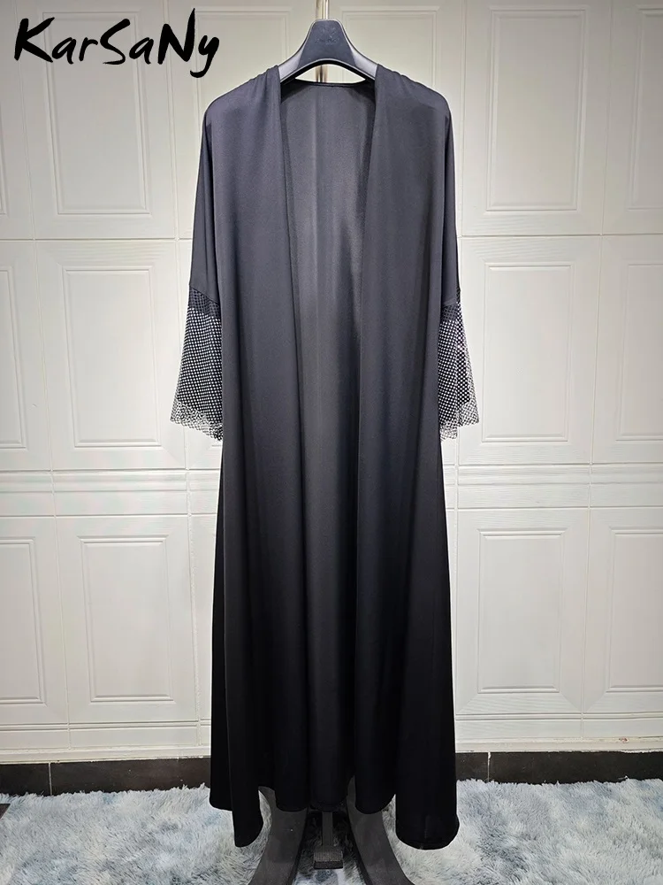 Dubai Luxury Kaftan Abaya With Diamonds Black Full Length Muslim Abaya Elegant Female Loose Solid Color Evening Robe For Women