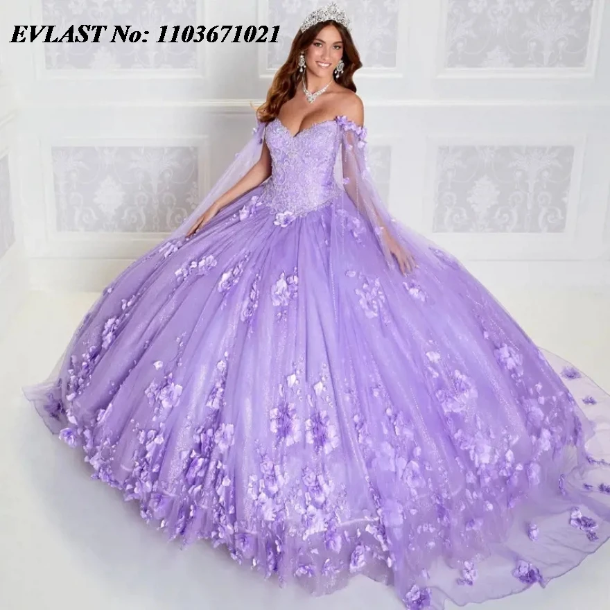 Evlast sexy lila Quince anera Kleid Ballkleid 3d Blumen applikation Perlen mit Umhang Bogen Korsett süß 16 Vestidos de 15 Anos sq229