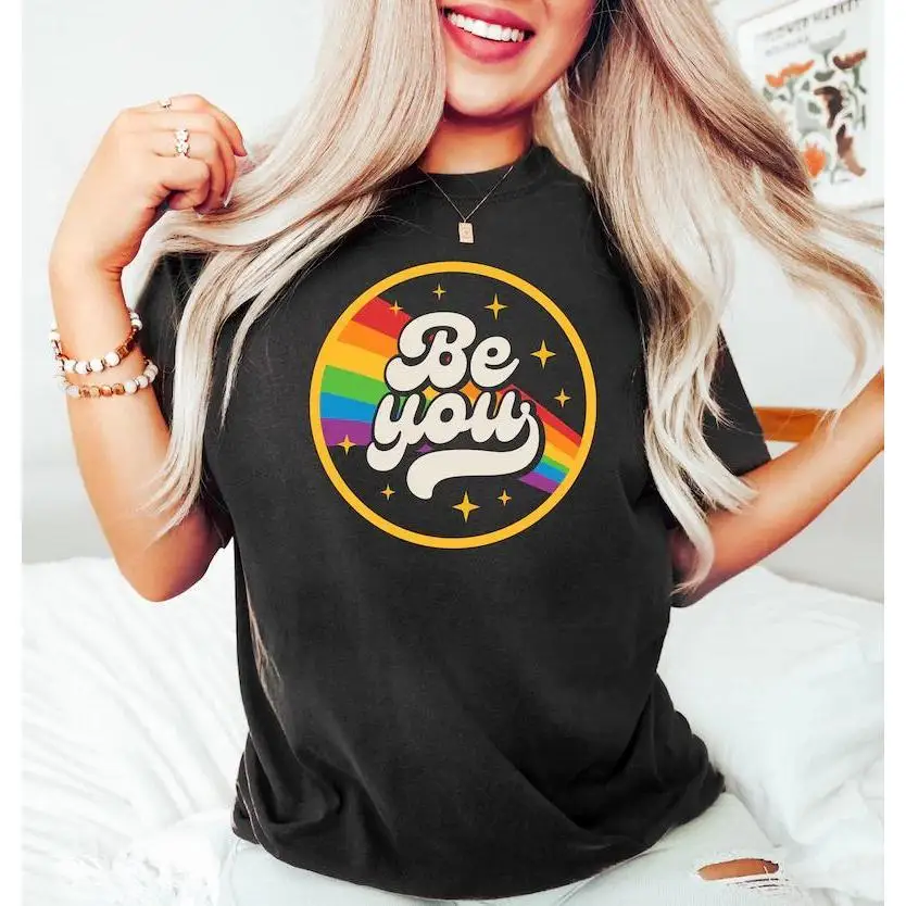 

Oversized Women's Pride T-Shirt, Y2K Rainbow Be You Print Tee, Vintage Aesthetic Streetwear Shirt for LGBTQ+ Pride