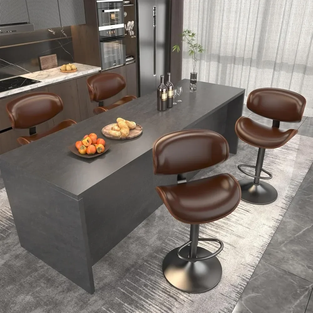 

Bar Stools Set of 2, Bar Stools for Kitchen Island with Bentwood Back and Leather Seat, Swivel Bar Stools