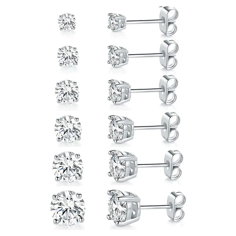 6 Pairs Stud 18k  Earrings Set, Hypoallergenic Cubic Zirconia 316L Earrings Stainless Steel CZ Earrings 3-8mm (Steel color)