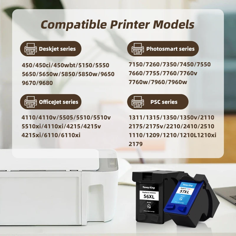 TONEY KING Compatible Ink Cartridge for HP 56 57 Ink Cartridge XL Deskjet 5150 450CI 5550 5650 7760 9650 PSC 1315 1350 2110 2210