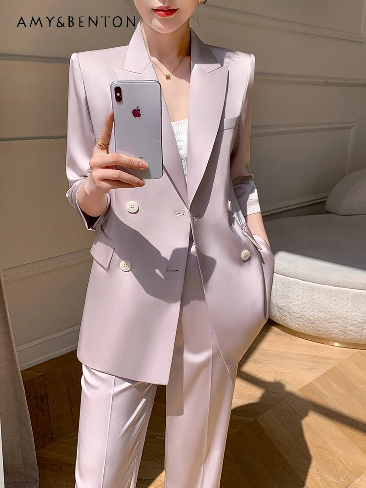 

High-End Professional Pink Suit Women 2024 Summer New Commute Style Casual Acetate Suit Wide-Leg Pants Thin Two-Piece Set Women