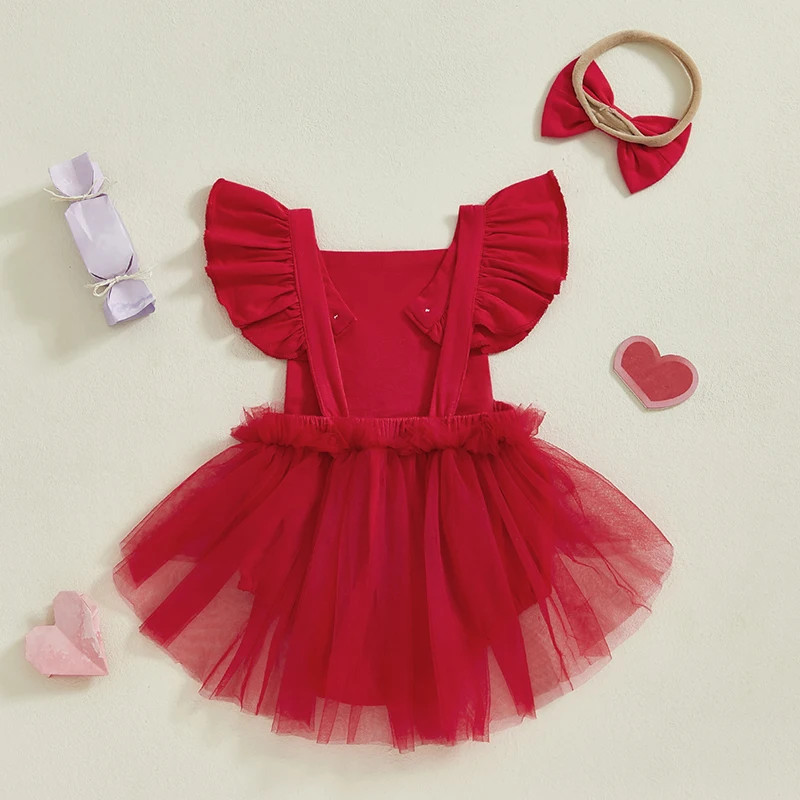 Baby Girl Valentine's Day Outfits Flying Sleeve Heart Number Print Tulle Romper with Bow Headband