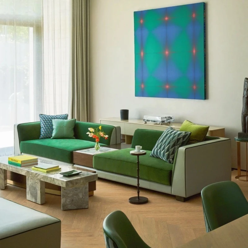 

Designer dopamine wind color scheme forest leisure lazy wind matcha green fabric color matching living room sofa