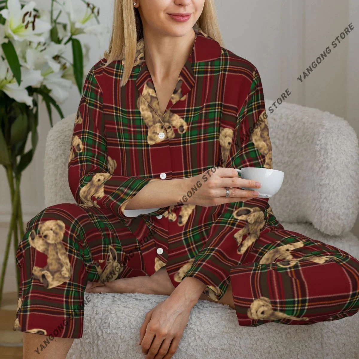 Women Sleepwear Loungewear Cute Bear Illustration Long Sleeve Lapel Neck Shirt and Elastic Waist Pants Pajamas Set