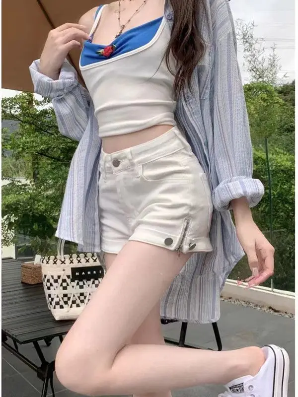 

Female High Waist Hot Girl Slim Hip White Design Side Zipper Tight Denim Shorts