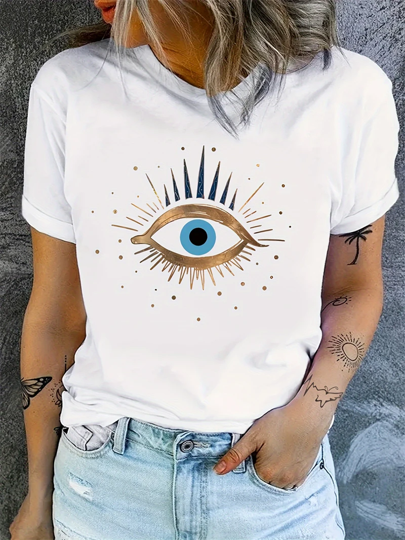 Women\'s Evil Eye Graphic Print T-shirt - Short Sleeve Crew Neck Casual Top for Summer & Spring