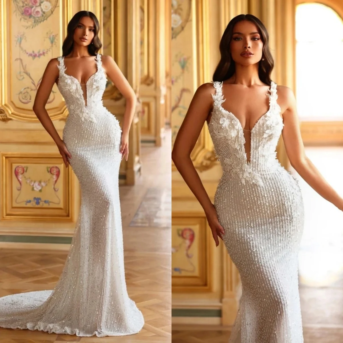 

Элегантные свадебные платья на тонких бретельках Свадебные платья с блестками без рукавов 3D цветы Русалка по индивидуальному заказу Vestidos De Novia