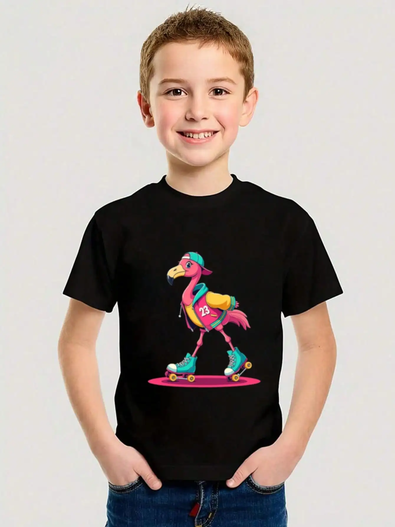 

Летние хлопковые футболки с рисунком фламинго для мальчиков и девочек, черные летние топы в повседневном стиле с фламинго для скейтбординга