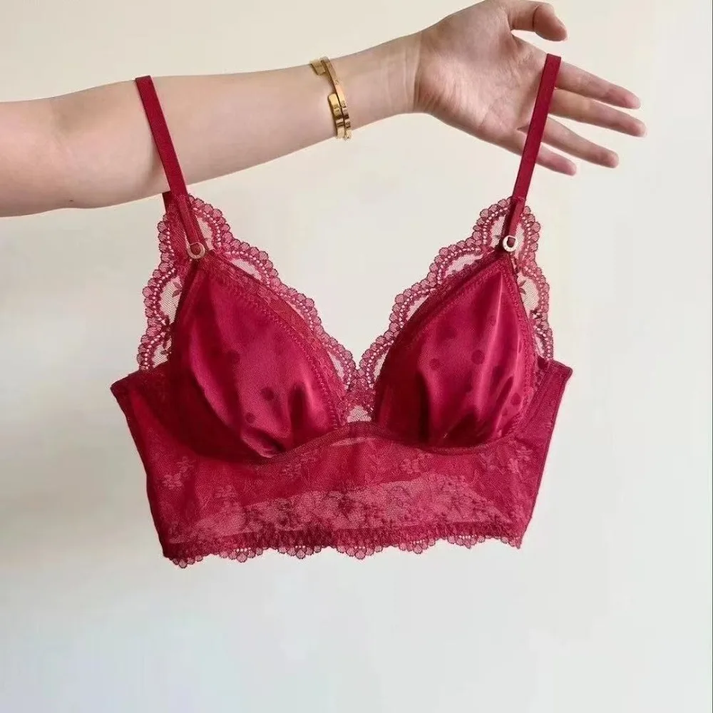 MOYISU Conjunto Sutiã Francês Copa Triangular Renda Copa Fina Minimizador Sustentação anti Flacidez Verão Confortável S-XL セクシー