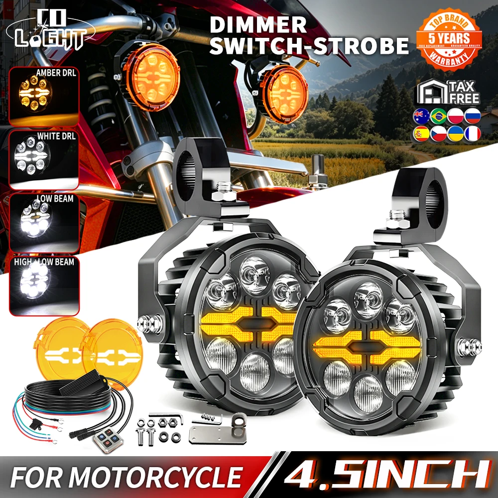 CO LIGHT Offroad-Nutzung Zweifarbige Linsenabdeckung 4,5 Zoll Motorrad-LED-Fahrlichter Bernstein-Weiß-Ring DRL Stroboskop-Blitz Fern- und Abblendlicht Zusatzscheinwerfer für Abenteuer-Tourenmotorräder