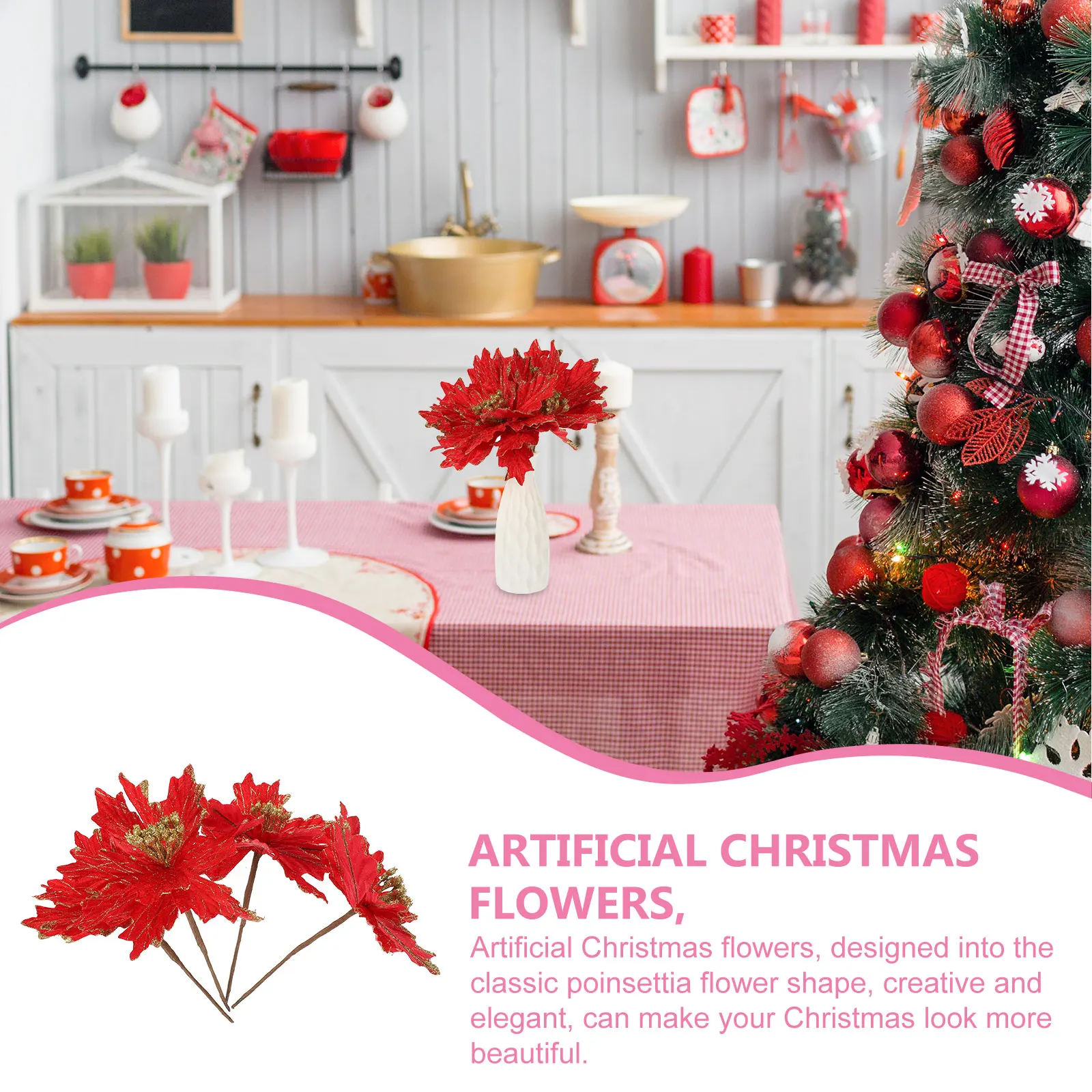 

4 Pcs Artificial Christmas Flowers 15cm Red Fabric Poinsettia Non Fading Reusable Decorative Tree Wreath Holiday Party DIY