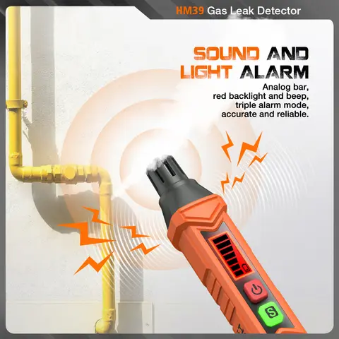 HOMTOOLS HM39 휴대용 가스 누출 감지기 휴대용 가연성 가스 누출 테스터 가스 분석기(청각 및 시각 경보 포함)