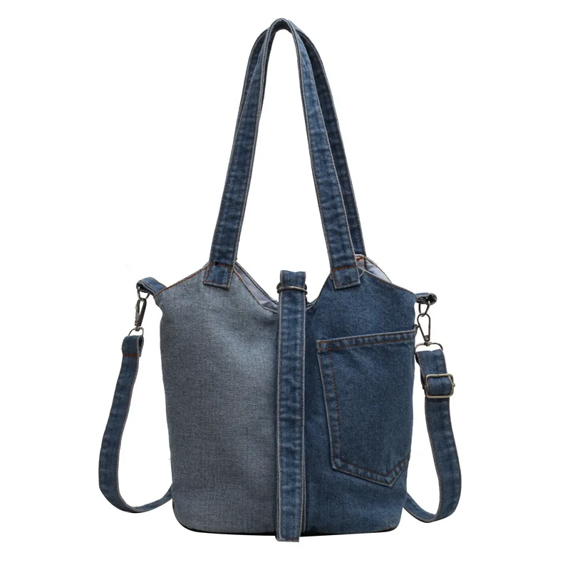 Washed Denim Fabric Bucket Bag Colorblock Patchwork Handbag Women\'s New Large Capacity Shopping One Shoulder Tote Crossbody Bag