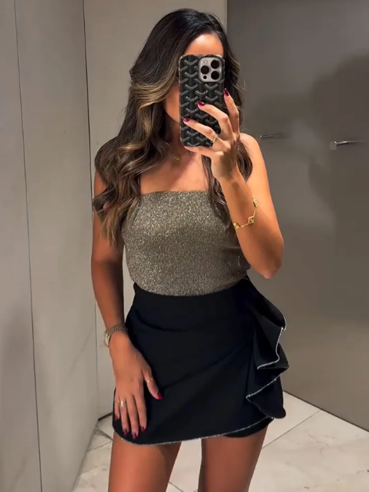 Damska bluzka na ramiączkach z kwadratowym dekoltem, ozdobiona kokardą, elegancka, seksowna, bez pleców, na lato 2026, zapinana na zamek, bez rękawów, styl casual, mujer.