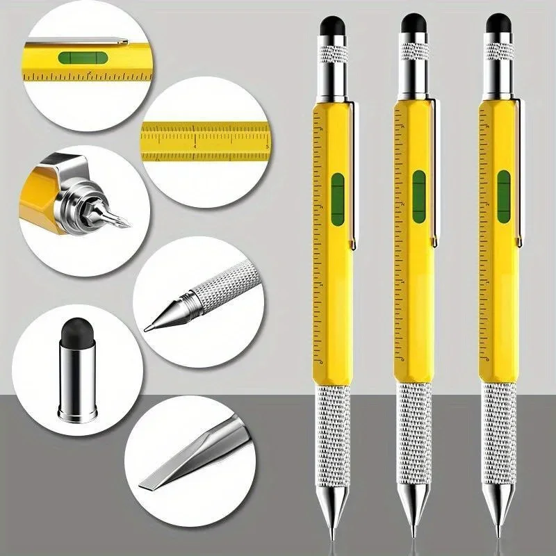 6 In 1 Multifunctional Tool Pen Scale Level Gauge Screwdriver Capacitor Head Handwriting Rotary Metal Tool Smooth Ballpoint Pen