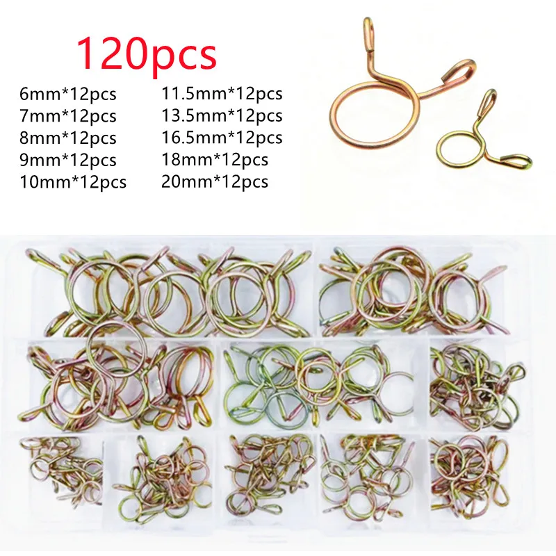 

120pcs Zinc Plated Hose Clamp Spring Clips Gear Hose Fuel Line Clamp for Boats ATVs Motorcycles with Storage Box