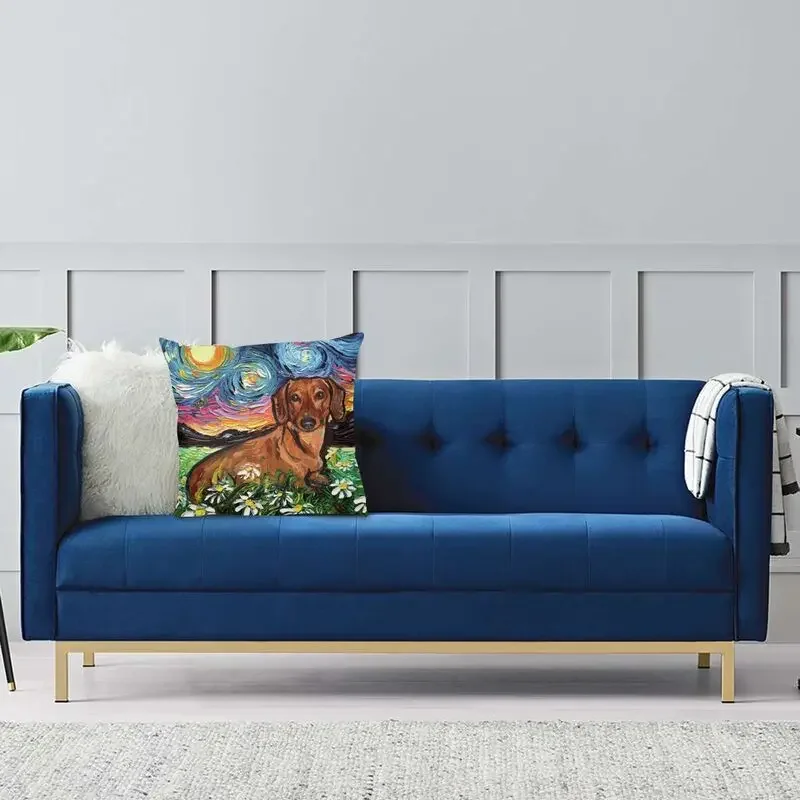 Brown Dachshund Starry Night Throw Pillow Case Bedroom Decoration 3D Print Pet Dog Lover Sofa Cushion Cover Creative Pillowcase