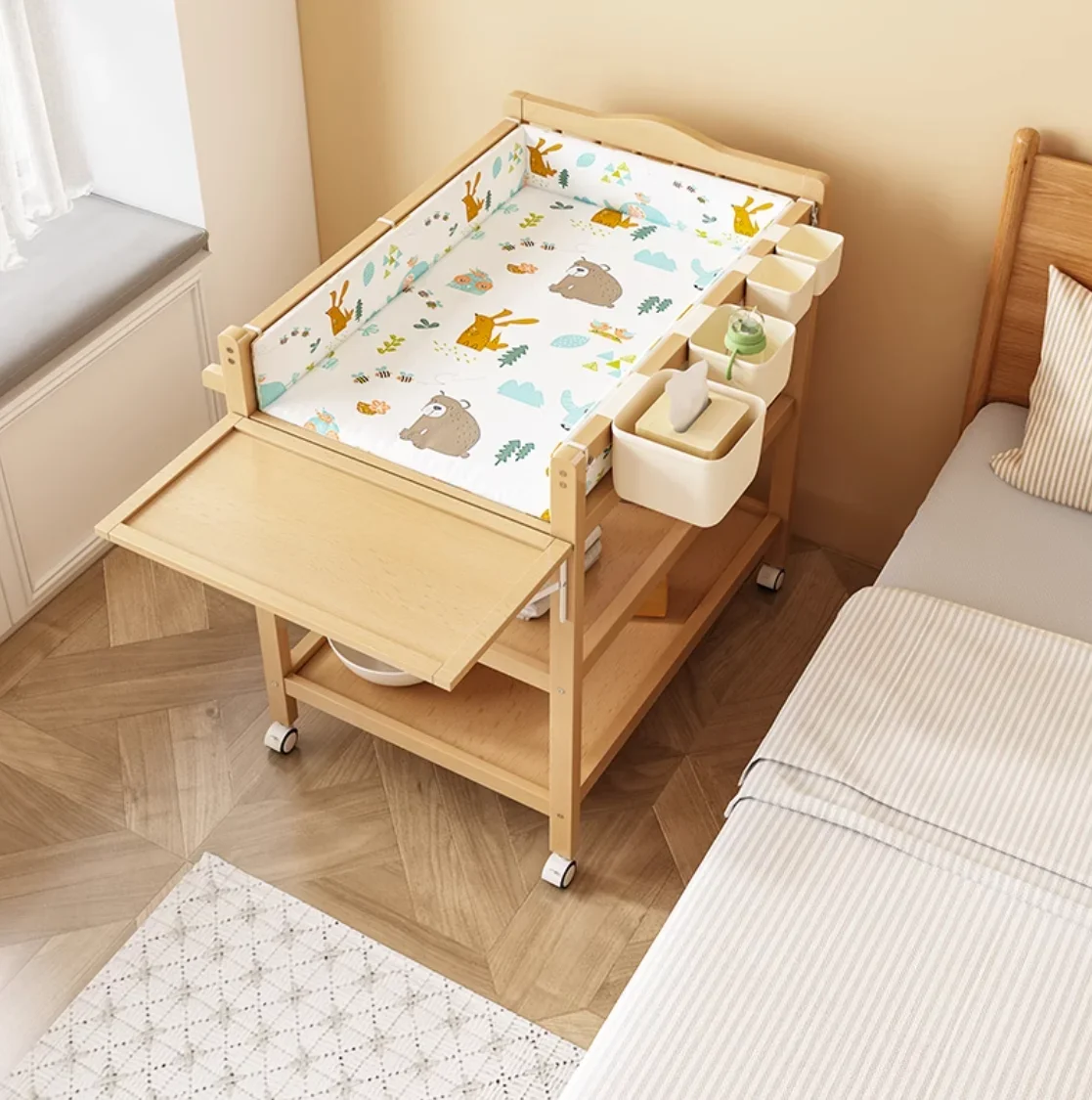 Solid wood changing  Baby care table movable press touch  multi-functional changing table for newborn babies