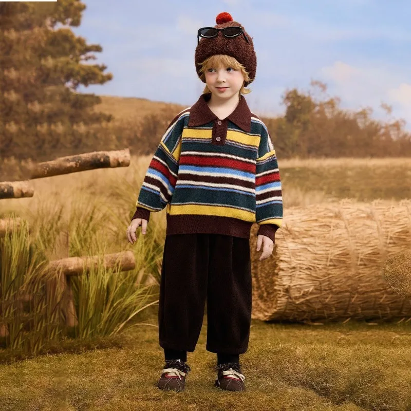 Herbst Kinder Jungen Gestreifter Pullover Retro Umlegekragen Junior Jungen Strickwaren Vintage 4-10 Jahre Kinder Jungen Langarm Pullover – Detail 4