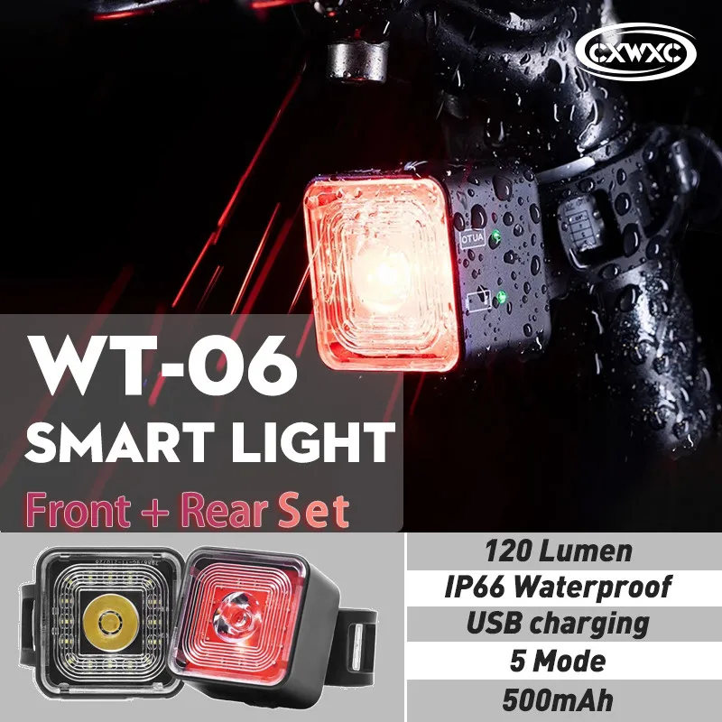 WT06 Smart Bicycle Brake Light Tail RearLight 120 Lumen IP66 Waterproof Headlight and Tail Light Sets 5 Gear Mode USB Charge