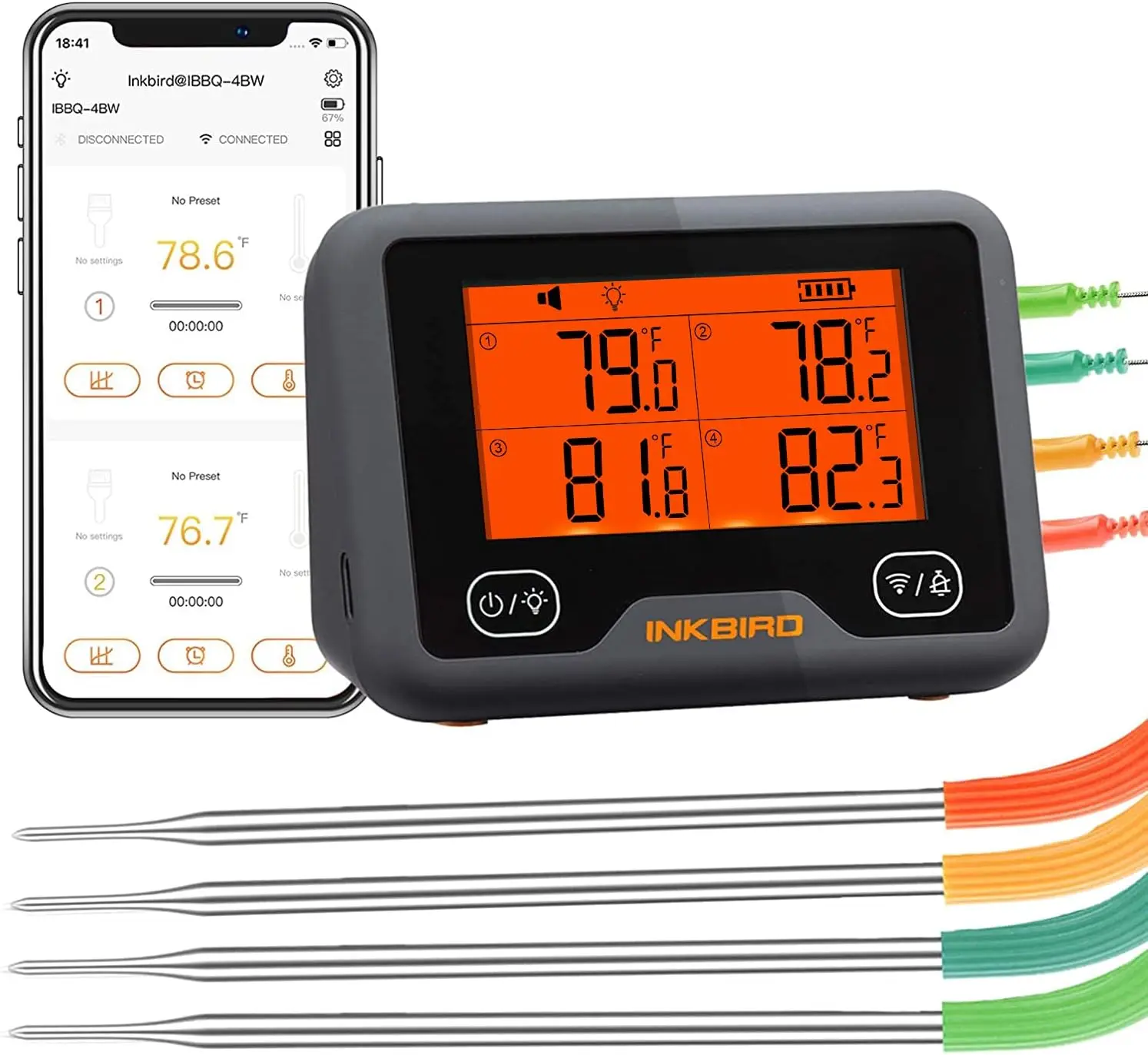

Wireless Meat Thermometer with 4 Probes, Bluetooth & WiFi, Smart Alerts, Timer, Rechargeable Digital Grill Thermometer for