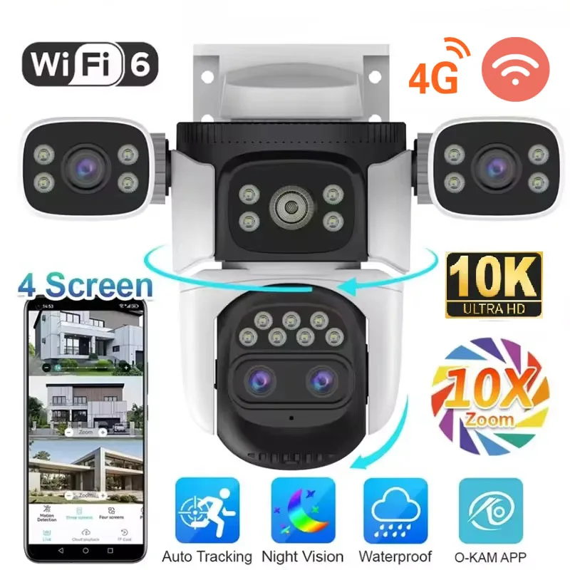 

10K Ultra HD WiFi Security Camera 20MP 4-Lens Outdoor IP Camera Auto Tracking/4-Screen Display/2.4G WiFi Home Surveillance CCTV
