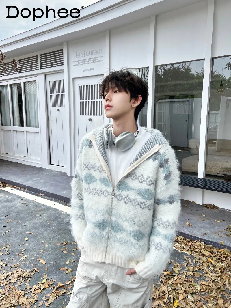 النمط الياباني INS الأزياء مقنعين سترة محبوكة سترة الخريف الشتاء الرجعية سميكة معطف أعلى للجنسين #1