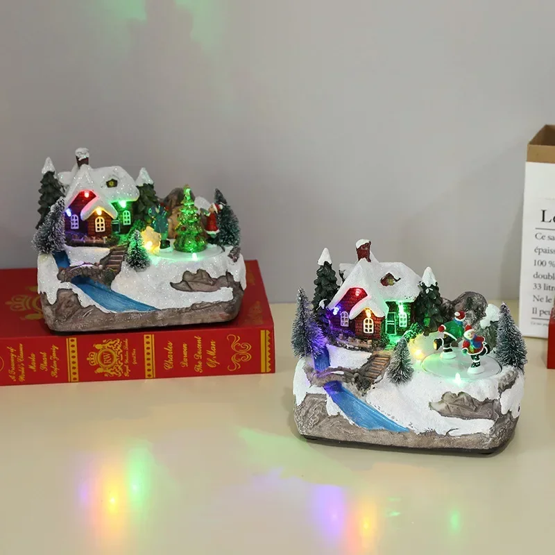 Christmas House Decoration LED Light Resin Rotating Music Statue Christmas Home Decoration Desktop Decoration Christmas Gift