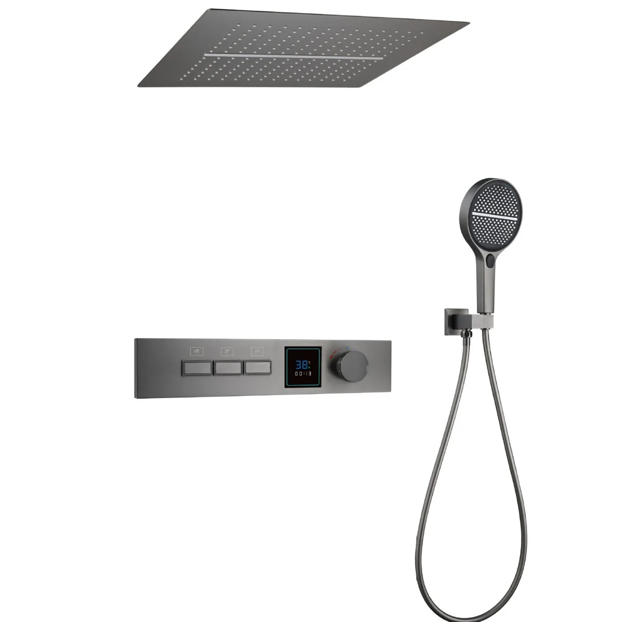 

pre-embedded concealed package, digital display button shower set, gun ash, embedded wall type, waterfall.