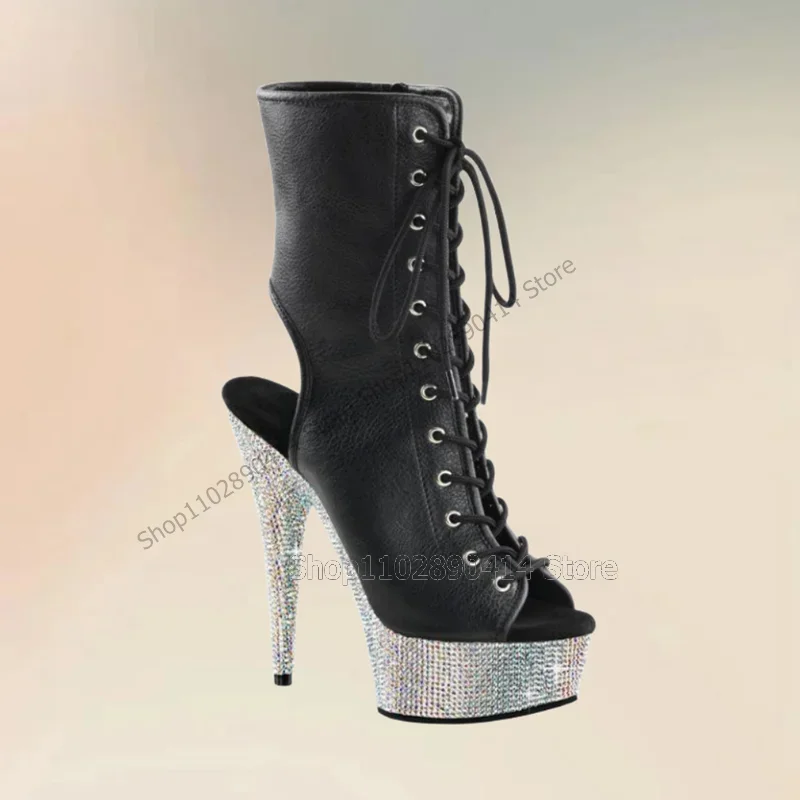 

Black Peep Toe Hollow Cut Heel Crystal Platform Boots Cross Tied Women Shoes Thin High Heels Sexy Party 2023 Zapatos Para Mujere