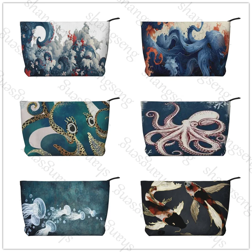 

Jellyfish Octopus Corduroy cosmetic bag portable travel toiletries bag, beauty makeup skin care sundries storage bag