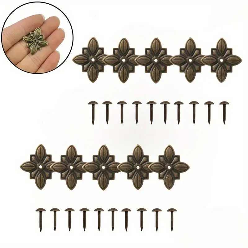 50sets Quadrilateral Iron Sheet Flower Patch with Decorative Nails Set Wooden Box Corner Pieces Retro Interior Decoration Sofa