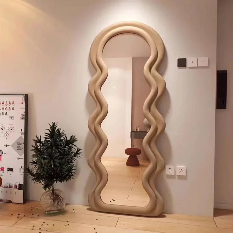 Ins Style Wave Full-length Floor Mirror, V Shape Dressing Mirror for Girls Bedroom Home
