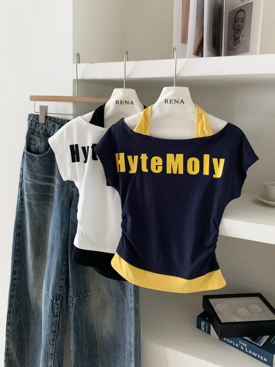 

Weddlese Hot Girl One Shoulder Short Sleeve T-shirt Women 2025 Summer Vacation Two Piece Neck Hanging Slimming Off Shoulder Top