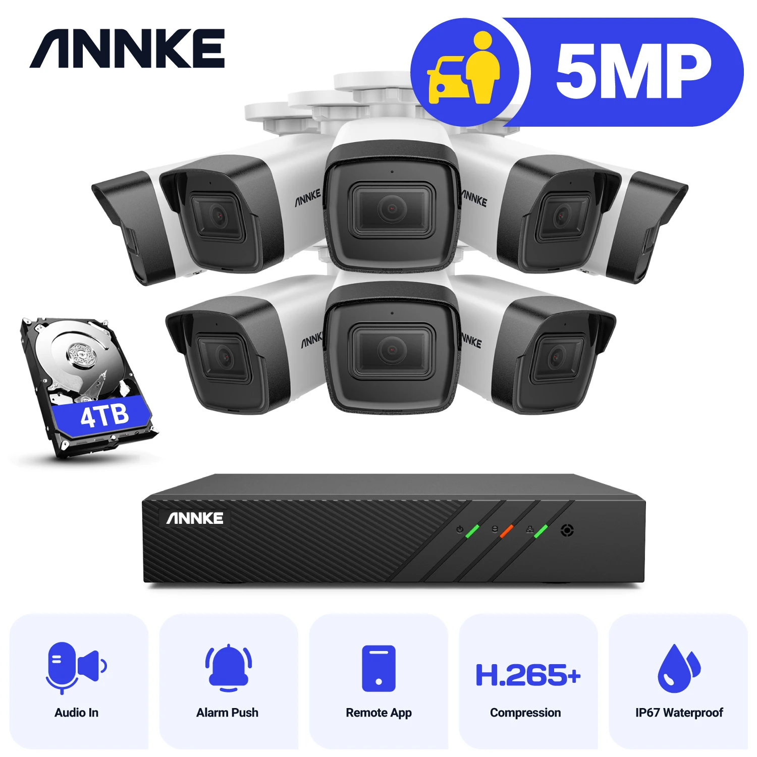 ANNKE 5MP H.265+ Super HD PoE Network Video Security System 8pcs 2.8mm IP67 Outdoor POE IP Cameras Plug &Play PoE Camera NVR Kit