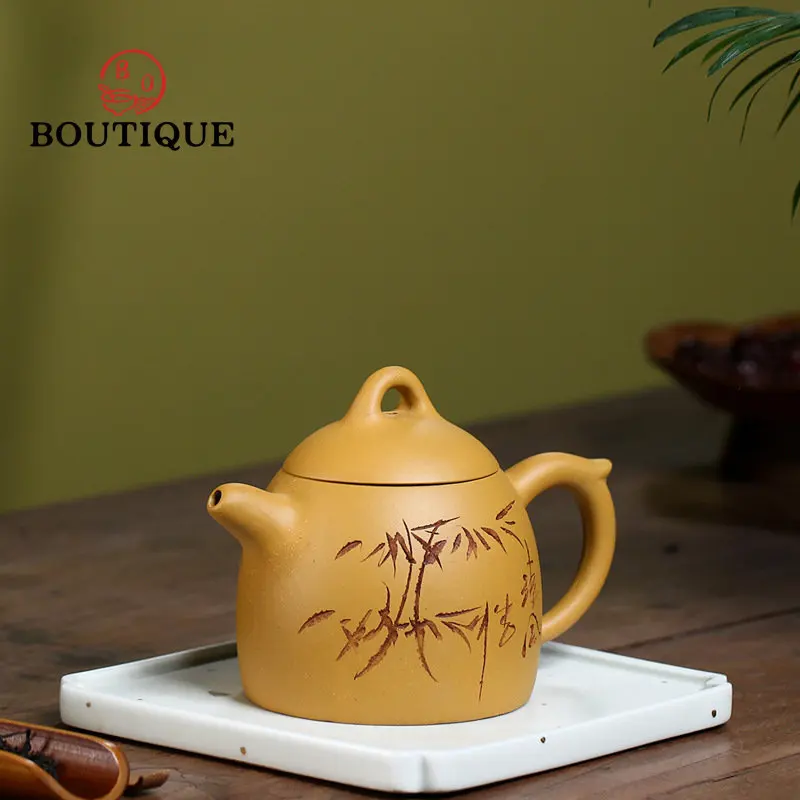 290ml High End Yixing Purple Clay Teapot Raw Ore Gold Segment Mud Pot Handmade Green Bamboo Kettle Big Capacity Kung Fu Teaset