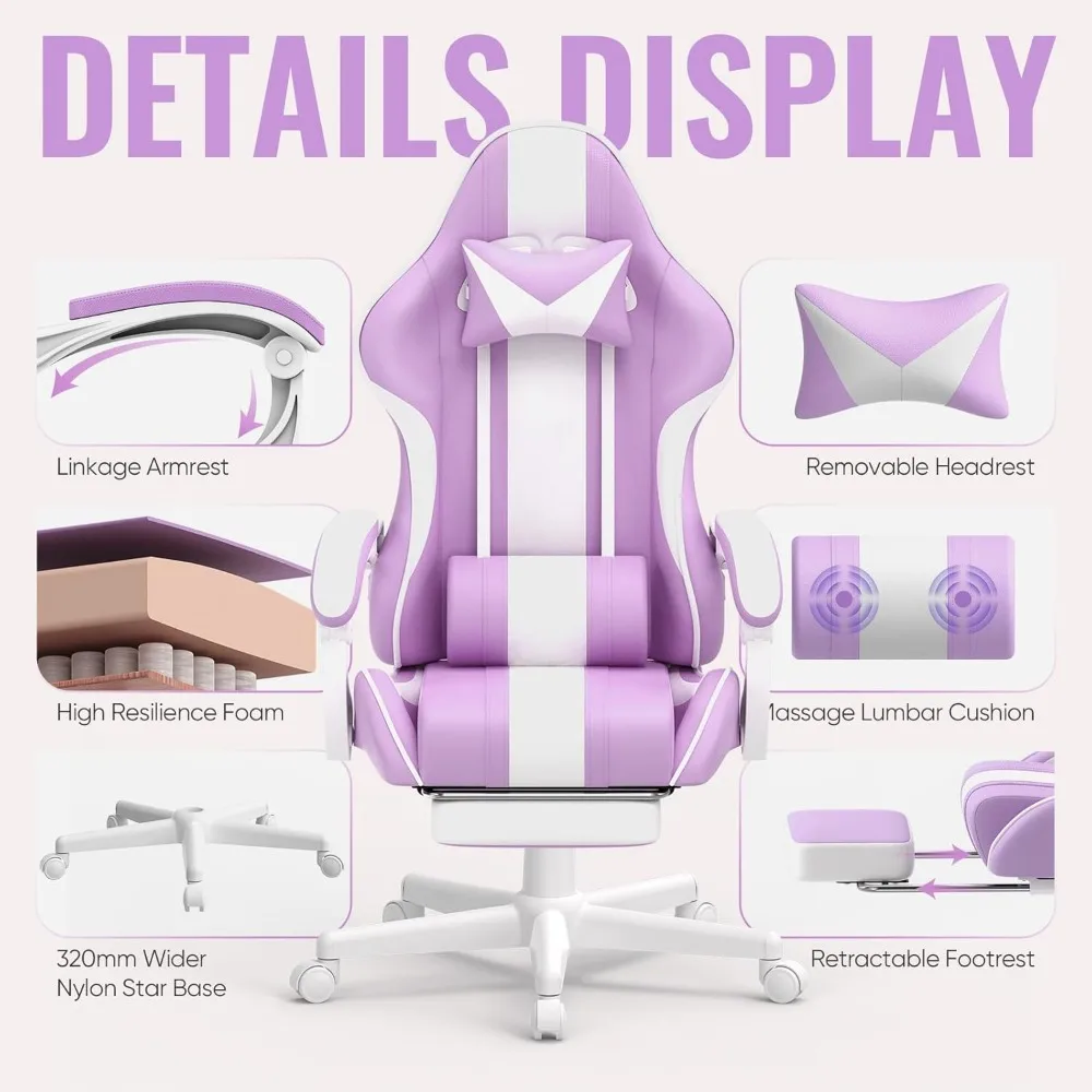 Gaming Chairs, Ergonomic Racing Style PC Game Computer Chair with Headrest Lumbar Support Adjustable Recliner PU Leather