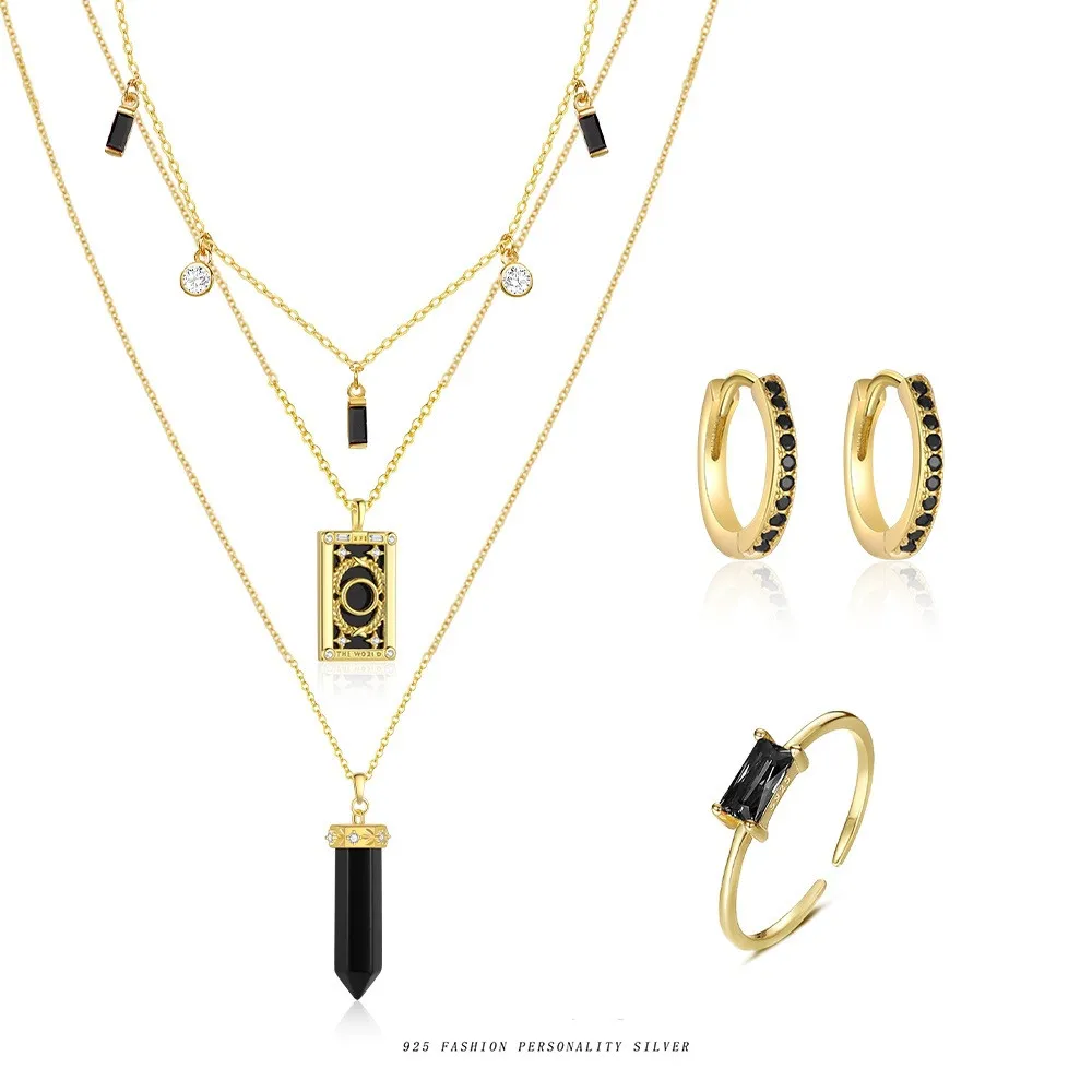 

S925 pure silver jewelry tarot card necklace with zircon crystal hexagonal column set, black zircon ring earrings for women