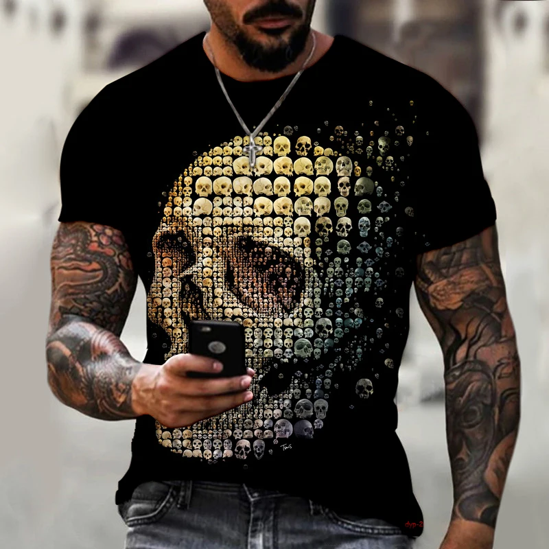 2024 summer Men's Retro T-shirt Skull Rose Romantic 3D Printed Fashion Street Tops Casual Loose Short-sleeve Men Tops Clothing