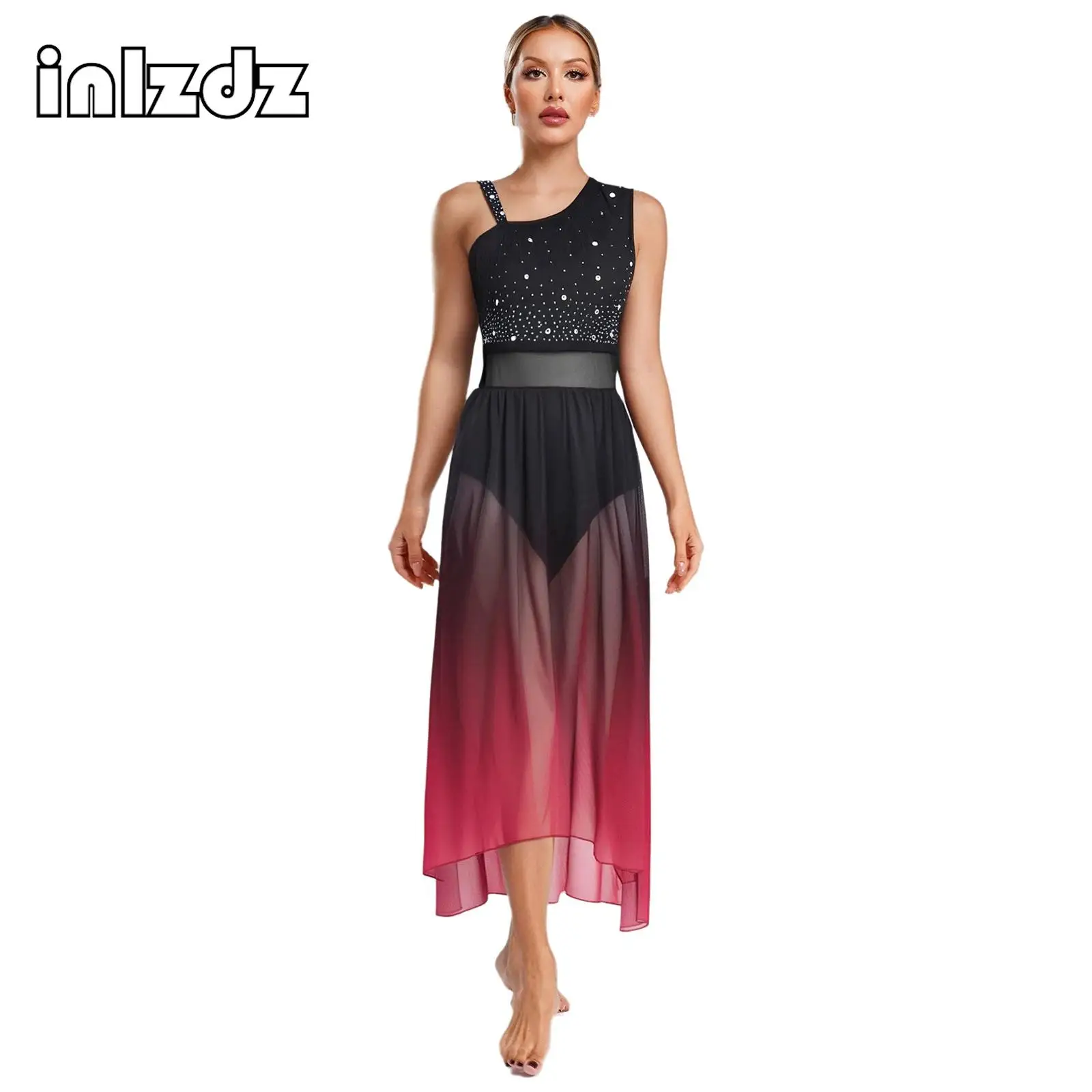 

Womens Glittery Lyrical Dance Dress Asymmetrical Shoulder Straps Tassel Gradient Color High-low Hem Dress Modern Dancewear