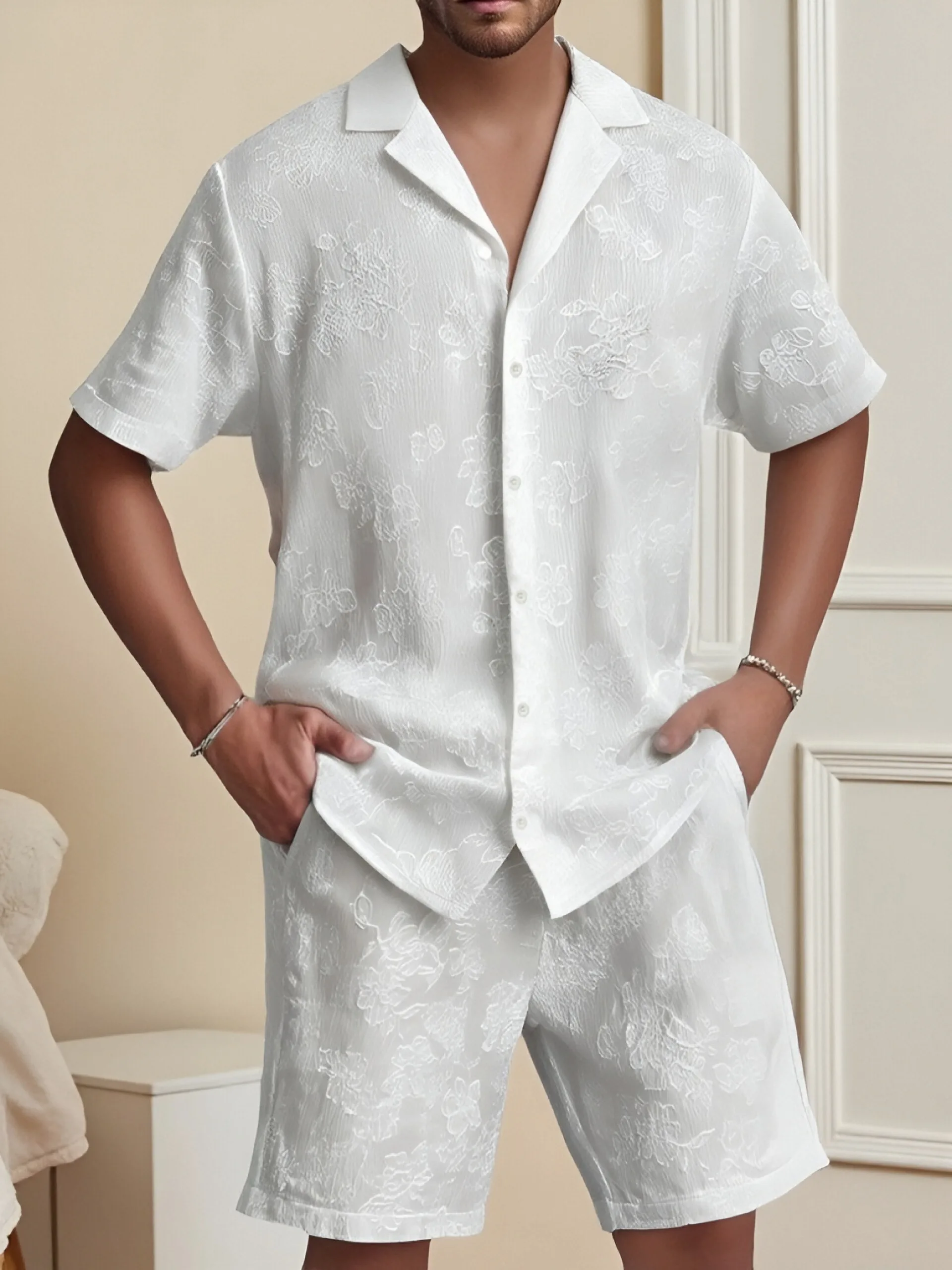 

Men's White Embossed Textured Cuban Collar Shirt Set 2 Piece Summer Short Sleeve Drawstring Shorts Outfit