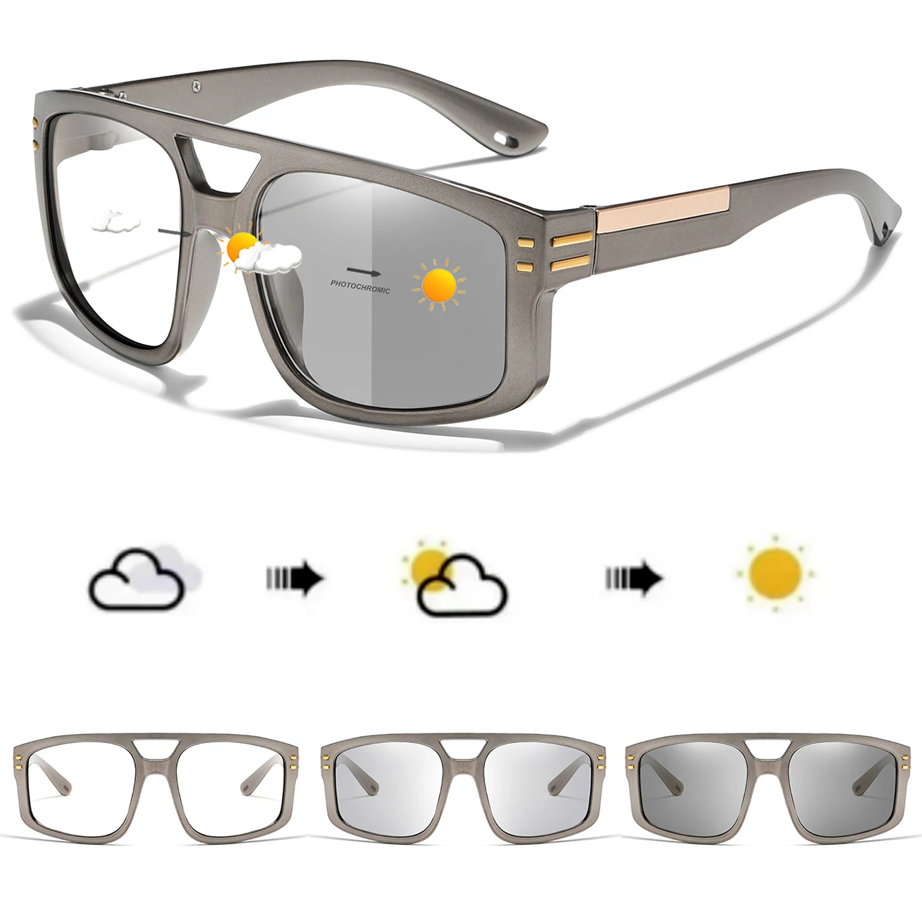 Lässige photochrome Sonnenbrille mit Etui für Damen und Herren, Outdoor-Sport, Radfahren, Angeln, Fahren, Golf, Strand, quadratische Schutzbrille – Detail 7