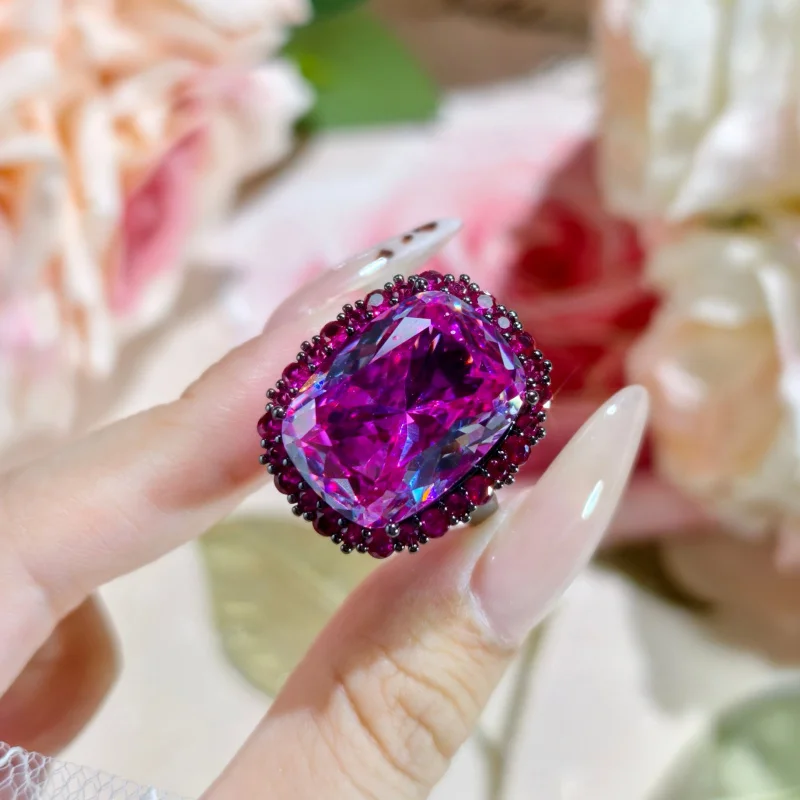 الراقية قيراط كبير مطلية بالذهب الأسود وسادة طويلة قطع الوردي الأحمر الزركون حلقة مفتوحة قلادة القرط مجموعة