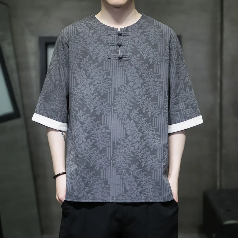 

Men's ort Sve T-irt Chinese Sle f Sve Button up Top Summer Five Inch Sve Ethnic Print round Ne Loose Fit